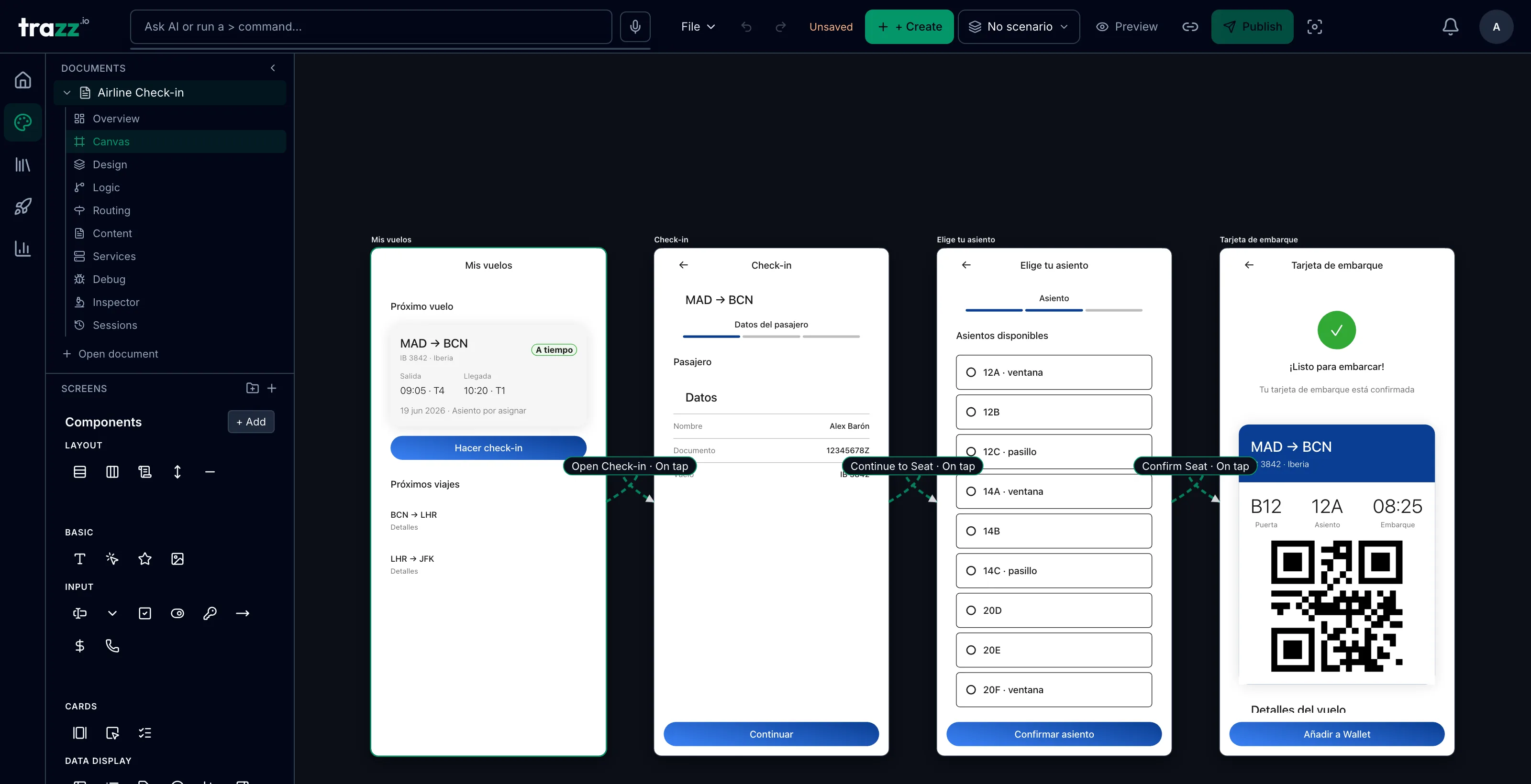 Editor de trazz.io: canvas infinito con las cuatro pantallas de un flujo de check-in aéreo conectadas por acciones, paleta de componentes y datos resueltos
